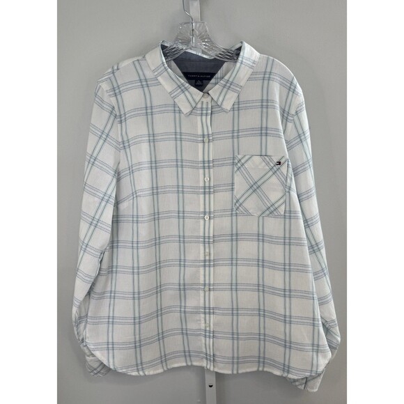 Tommy Hilfiger Women’s XL Plaid Button Down Shirt Blue Green Cotton Roll Tab - Picture 1 of 9